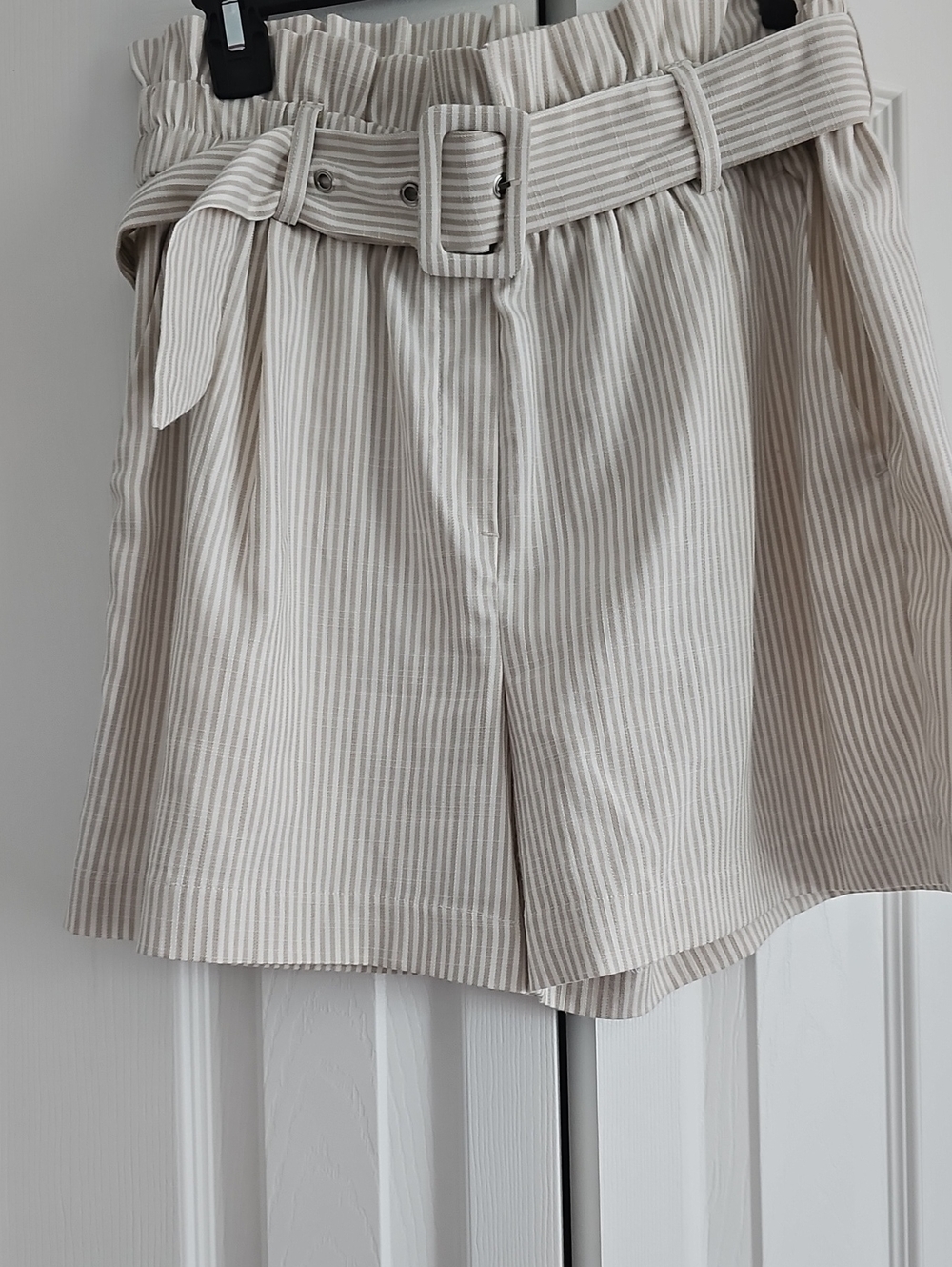 Vero Moda Beige and White Striped Paperbag Waist Shorts with Belt, Pockets
